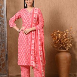 Lavantika Women Floral Printed Regular Pure Cotton Kurta with Trousers & With Dupatta-46