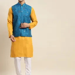 SOJANYA Men Mustard Yellow Mirror Work Pure Cotton Kurta with Churidar & Nehru Jacket-picture-2