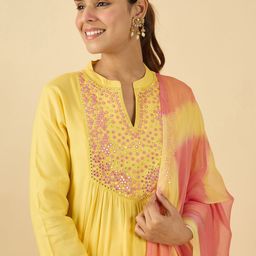 Indo Era Women Embroidered Mirror Work Pure Cotton Kurta with Trousers & With Dupatta-53