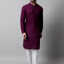 Jompers Men Purple Regular Thread Work Pure Cotton Kurta with Pyjamas-picture-0