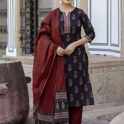 Nayo Women Black Ethnic Motifs Printed Pure Cotton Kurta with Palazzos & With Dupatta-picture-8