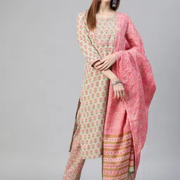 AHIKA Women Green & Pink Floral Printed Pure Cotton Kurta with Trousers & Dupatta-image-82