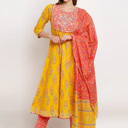 Rajnandini Women Yellow Floral Printed Pure Cotton Kurta with Trousers & With Dupatta-image-69