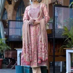 KALINI Pink Floral Printed Gotta Patti Pure Cotton Kurta with Trousers &Dupatta-picture-24