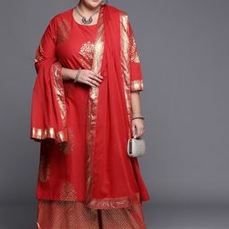 Biba Women Red & Golden Ethnic Foil Printed Regular Kurta with Palazzos & Dupatta-image-28