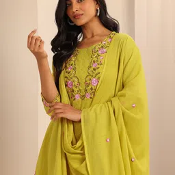 Libas Women Floral Yoke Design Regular Thread Work Kurta with Trousers & With Dupatta-picture-17