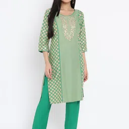 AURELIA - The Aure Collection Women Green Ethnic Motifs Printed Panelled Kurta with Trousers-image-19