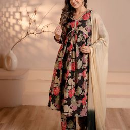 DishaDakshin Women Floral Printed Empire Pure Silk Kurta with Trousers & With Dupatta-image-55