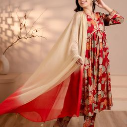 DishaDakshin Women Floral Printed Empire Pure Silk Kurta with Trousers & With Dupatta-image-99
