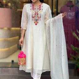 KALINI Women Embroidered Mirror Work Chanderi Silk Kurta with Trousers & With Dupatta-9
