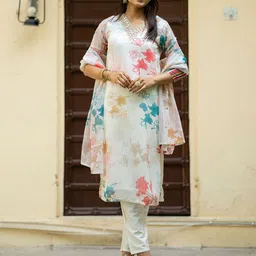 Navlik Floral Printed Regular Thread Work Straight Kurta with Trousers & Dupatta-58
