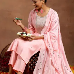 Libas Ethnic Motifs Yoke Design Sequinned Straight Kurta with Trousers & With Dupatta-picture-0