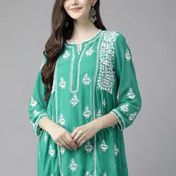 ADA Green & White Ethnic Motifs Embroidered Chikankari Chikankari Kurti with Inner-8
