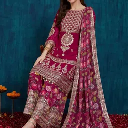 KAVINDI Women Floral Embroidered Regular Sequinned Kurti with Sharara & With Dupatta-image-1
