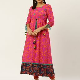 RANGMAYEE Women Pink & Orange Ethnic Motifs Print A-Line Kurta with Embroidered Detail-image-47
