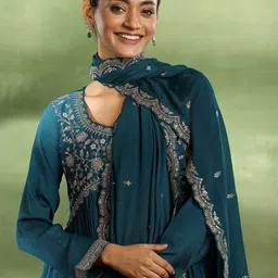 Libas Floral Yoke Design Pleated Zari & Sequinned A-Line Kurta With Trousers & Dupatta-image-26