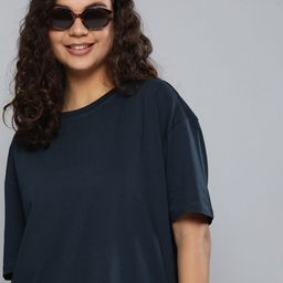 HERE&NOW Women Navy Blue Solid Pure Cotton T-shirt-image-87