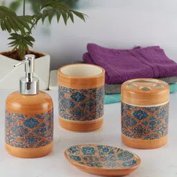 Kookee Orange & Blue 4 Pieces Ceramic Ethnic Motifs Print Bath Accessories Set-54
