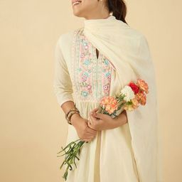 Indo Era Floral Embroidered Mandarin Collar A Line Pure Cotton Kurta With Trouser &Dupatta-picture-31