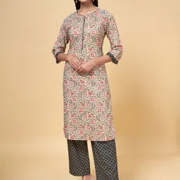 RANGMANCH BY PANTALOONS Women Beige Floral Printed Pure Cotton Kurti with Trousers-image-69