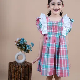 Little Llama Girls Checked Flutter Sleeves Smocked Pure Cotton Fit & Flare Dress-picture-10
