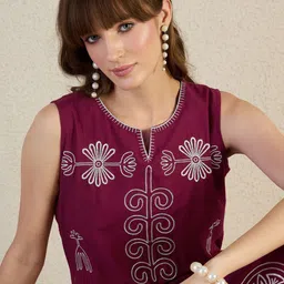 Indo Era Floral Embroidered Notch Neck Thread Work Pure Cotton Straight Kurta & Palazzos-picture-24