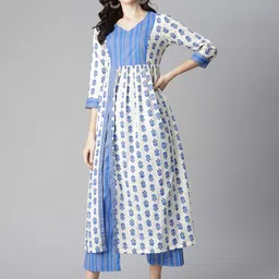 Poshak Hub Women Off White & Blue Printed High Slit Pure Cotton Kurta with Palazzos-picture-12