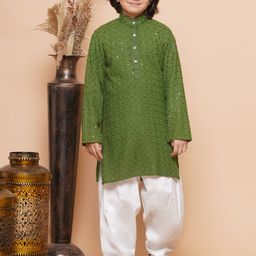 Aj DEZInES Boys Ethnic Motifs Sequinned Chikankari Pure Cotton Kurta with Salwar-26