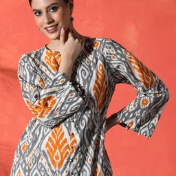 Sangria Ethnic Motifs Printed High Slit Round Neck Pure Cotton Straight Kurta & Trousers-image-63
