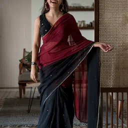 Suta Black & Maroon Colourblocked Printed Sequinned Pure Cotton Saree-39