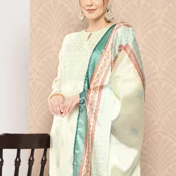 Libas Women Cream-Coloured Floral Printed Chanderi Silk Kurta with Trousers & With Dupatta-picture-29
