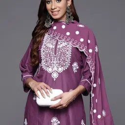 Varanga Floral Embroidered Thread Work Pure Cotton Kurta with Trousers & Dupatta-image-99