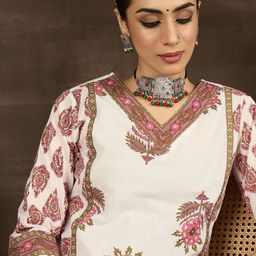 Indo Era Ethnic Motifs Printed Regular Pure Cotton V-Neck Straight Kurta with Trousers-image-0