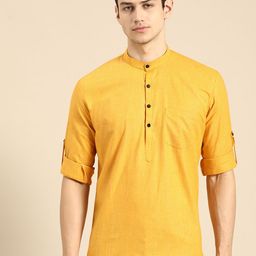 RAJUBHAI HARGOVINDAS Men Mustard Yellow & Off White Cotton Striped Handloom Kurta-picture-13