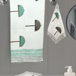 LIVING ROOTS Green 3 Pieces Block Printed 210 GSM Waffle Cotton Soft & Absorbent Towel Set-image-61