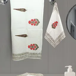 LIVING ROOTS White 3 Pieces Block Printed 210 GSM Waffle Cotton Soft & Absorbent Towel Set-image-72