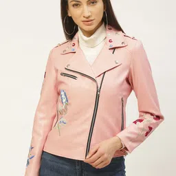 Leather Retail Women Peach-Coloured Embroidered Detail Lightweight Biker Jacket-image-30