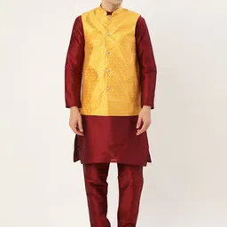 SOJANYA Men Maroon & Mustard Yellow Solid Kurta with Churidar & Nehru Jacket-picture-49