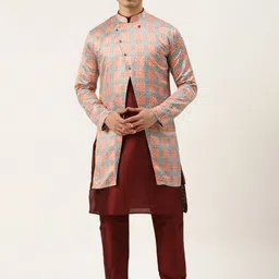 SOJANYA Men Maroon & Peach Printed Kurta Pyjama & Sherwani Set-picture-6