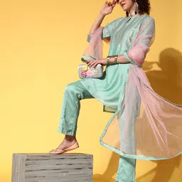 Inddus Women Blue Embroidered Sequinned Kurta with Trousers & With Dupatta-58