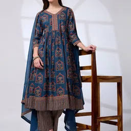 Globus Ethnic Print Mirror Work A-Line Kurta With Pants & Gotta Lace Dupatta Workwear Set-17