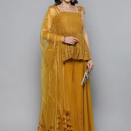 Kvsfab Women Mustard Yellow & Golden Embroidered Pleated Kurti with Palazzos & Dupatta-picture-25