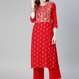 ZIYAA Women Red Printed Straight Kurta with Palazzo-36