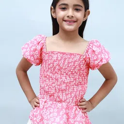 NUEVOSDAMAS Girls Floral Printed Puff Sleeve Smocked Georgette Top-picture-11