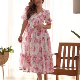 Fusionic Floral Printed Puff Sleeves Gathered Tiered Georgette Fit & Flare Midi Dress-picture-30