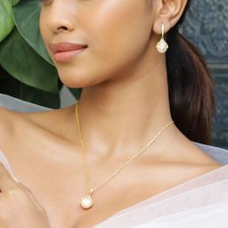 Rubans 18K Gold Plated Pearl & Cubic Zirconia Studded Pendant Necklace & Earrings Set-87