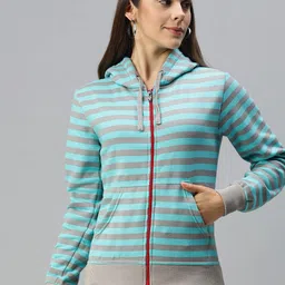Campus Sutra Women Grey & Turquoise Blue Striped Hooded Sweatshirt-image-23