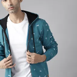 Roadster Men Teal Green & White Brand Logo Print Hooded Sweatshirt-image-69