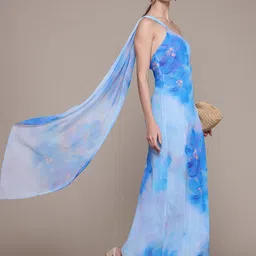 MANGO Floral Print One Shoulder Scarf Neck Georgette Asymmetric Maxi A-Line Dress-image-82