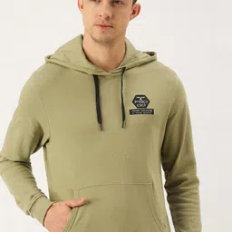 Flying Machine Men Olive Green Solid Hooded Pure Cotton Sweatshirt-image-35
